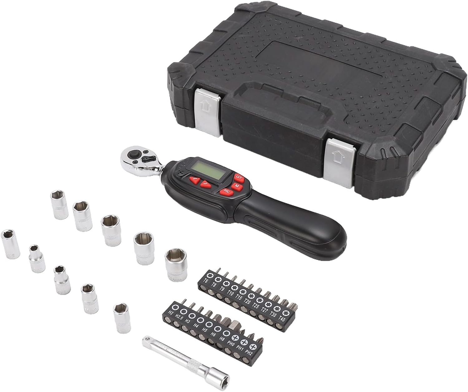 Digital Torque Wrench, 1/4 Inch Drive 1.5 30Nm with Buzzer and LED Flash, Multiple Torque Units Nm lbf.ft lbf.in kgf.cm kgf.m, for Automotive Motorcycle DIY Home Repair (32 Piece Set)