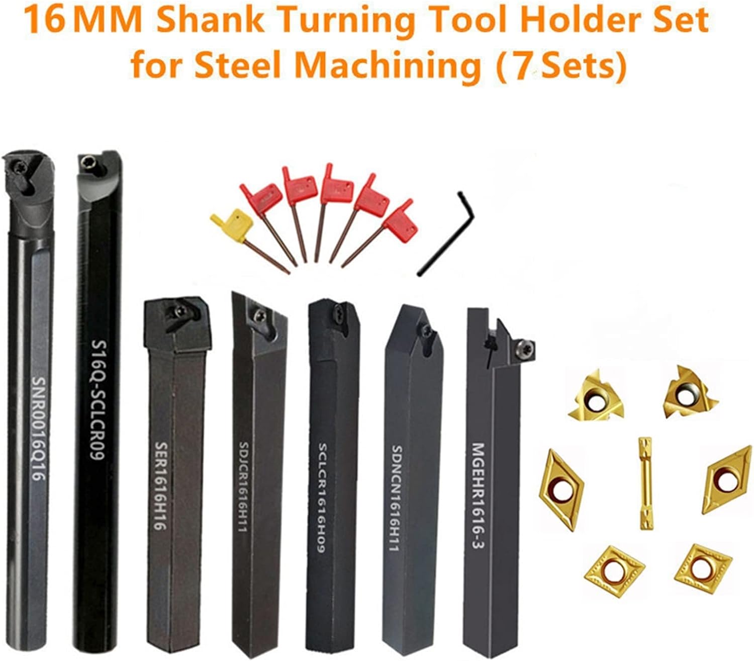 7Sets of 16MM CNC Lathe Turning Tool Holder Boring Bar with Applicable Inserts and Wrenches Set for Turning Threading(7Sets for Steel)