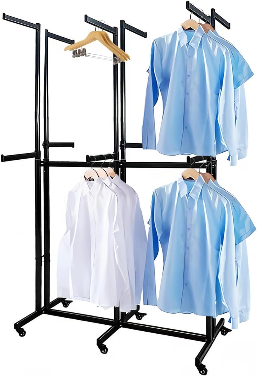 Floor Standing Metal Garment Rack - Heavy Retail Display Racks With Wheels, Two-story 12 Arms Clothing Rack, Square Tubing Portable Shirt Rack, Merchandise Display RackFor Hanging Clothes (Black-2)