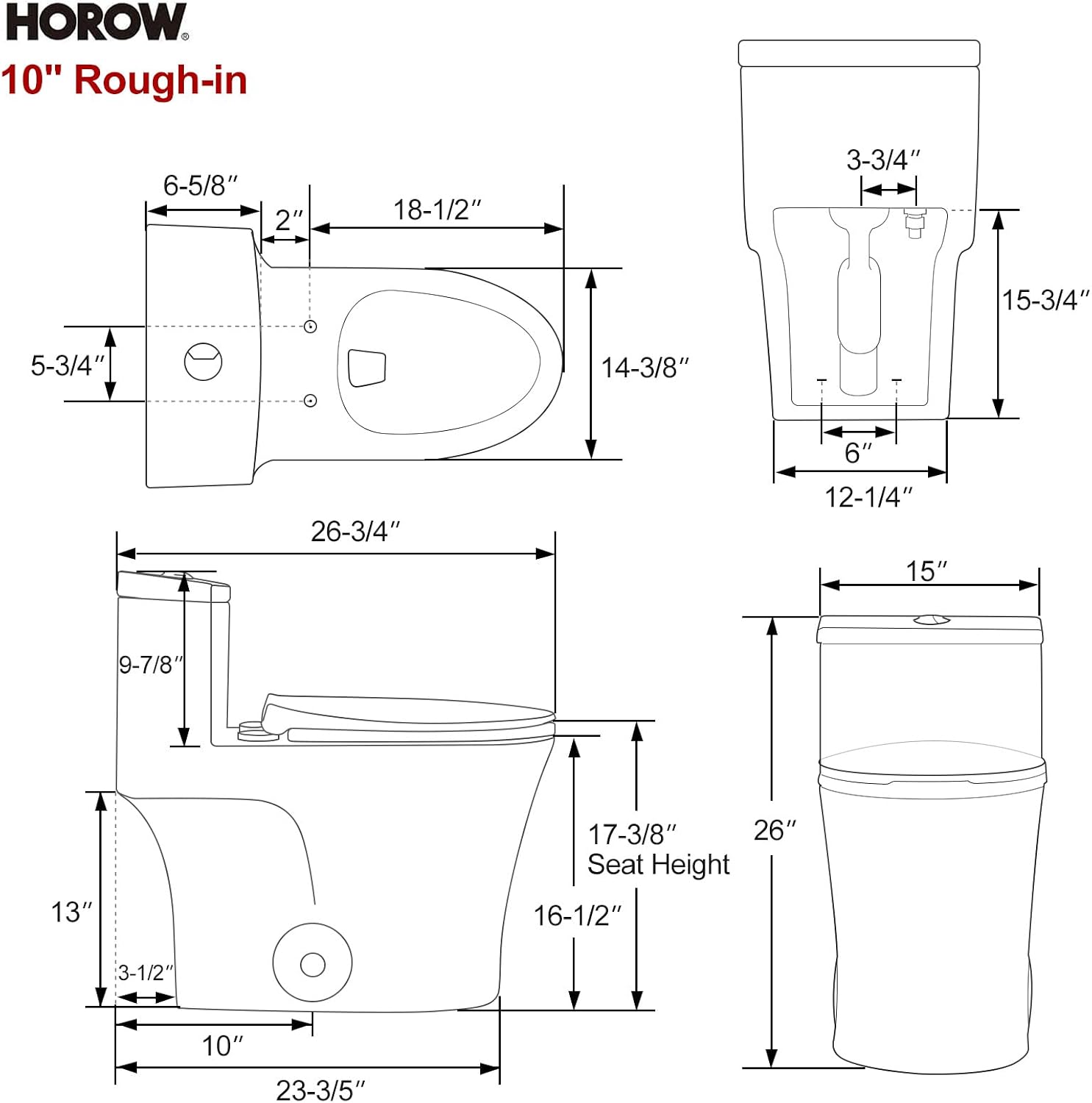 HOROW T0338WB Elongated One Piece Toilet 10' Rough-in, Matte Black Toilet with Comfortable 17.3' ADA Chair Height Seat, Powerful Dual Flush Modern Toilet for Bathroom