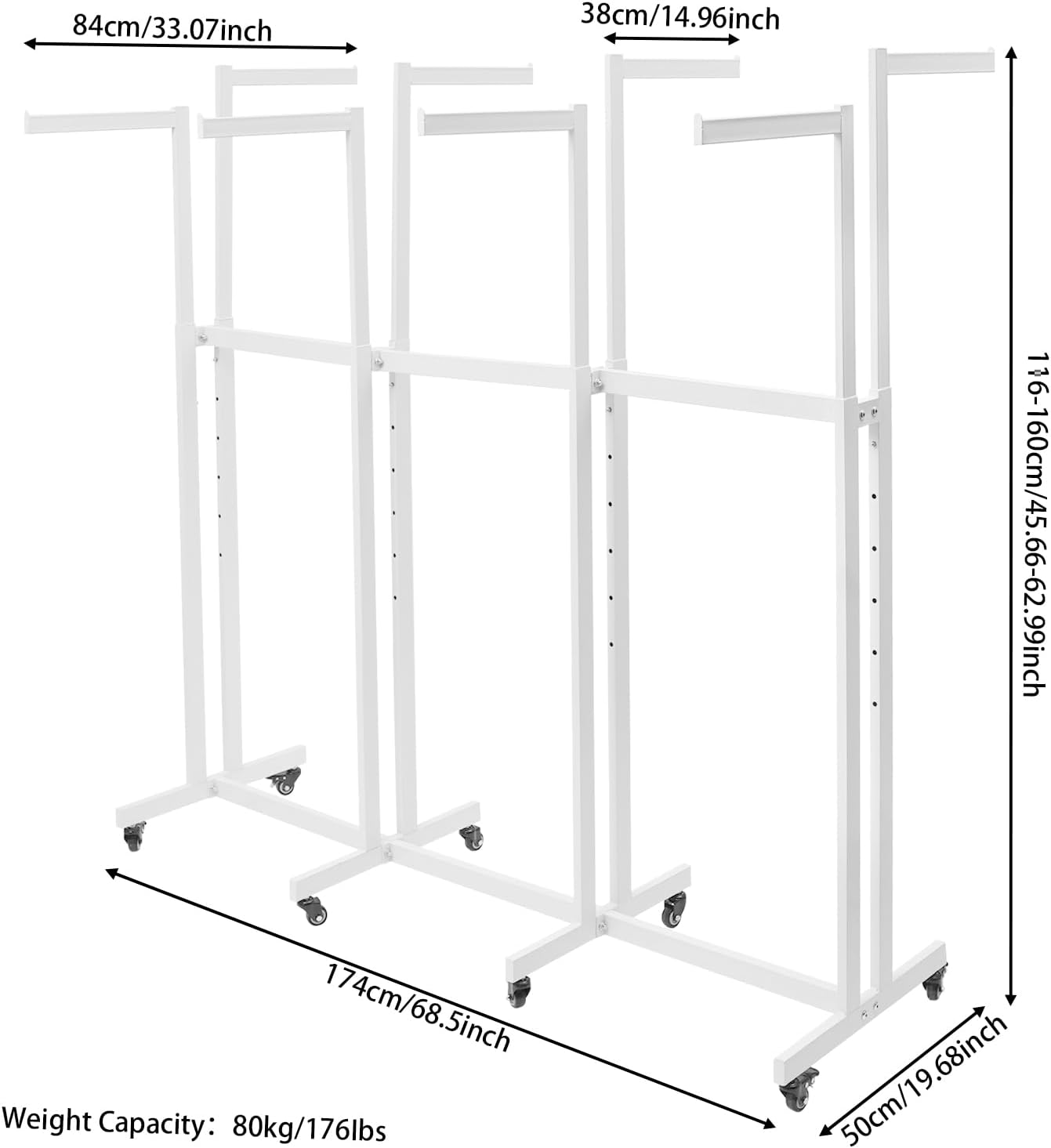 Floor Standing Metal Garment Rack, 8 Arms Clothing Display Rack Heavy Retail Display Racks With Wheels, 3.81 to 5.25Ft Adjustable Height Retail Clothing Rack for Hanging Clothes Heavy Duty