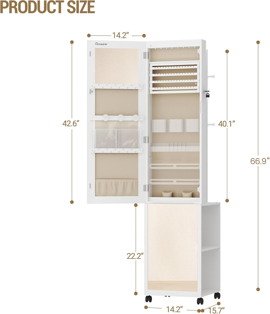 Hzuaneri 8 LEDs Jewelry Cabinet Armoire, 66.9-inch Jewelry Organizer with Garment Rack, Lockable Full-length Mirror with 4 Wheels, Storage Shelves with Hooks, 5-in-1, White and Beige JC17003BE