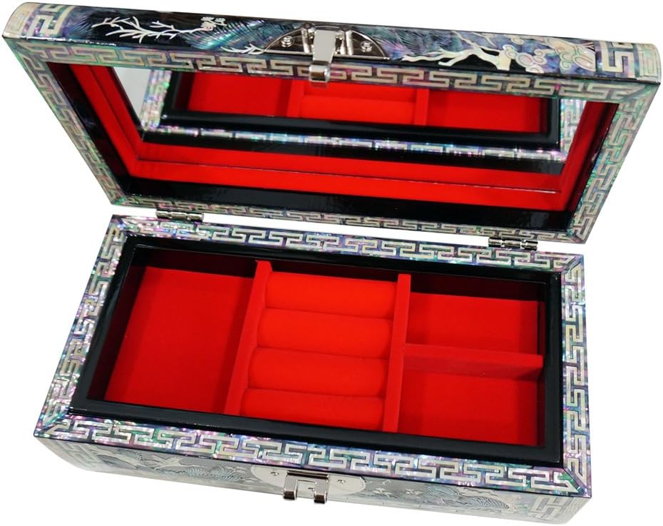 Mother of Pearl Asian Black Lacquer Wood Jewelry Trinket Keepsake Treasure Box Ring Case Chest Organizer