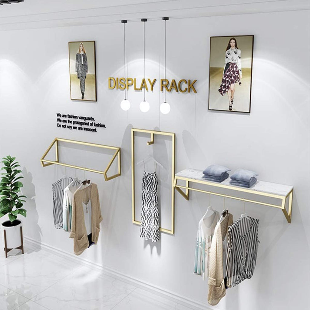 Modern Simple Men's and Women's Clothing Store Heavy Duty Metal Display Shelf,Wall-Mounted Garment Rack with Wood,Clothes Rail,Bathroom Hanging Towel Rack (Gold Square Tube, B-47.2' L)