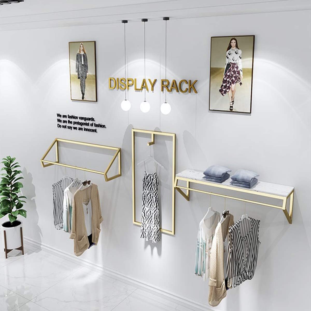 Modern Simple Men's and Women's Clothing Store Heavy Duty Metal Display Shelf,Wall-Mounted Garment Rack with Wood,Clothes Rail,Bathroom Hanging Towel Rack (Gold Square Tube, B-47.2' L)
