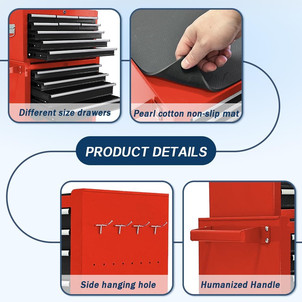 13-Drawer Rolling Tool Chest, 2-in-1 Heavy Duty Detachable Storage Cabinet with Lockable Wheels & Removable Top Box, 600 lbs Capacity for Mechanics, Garage Workshop (Red＆Black)
