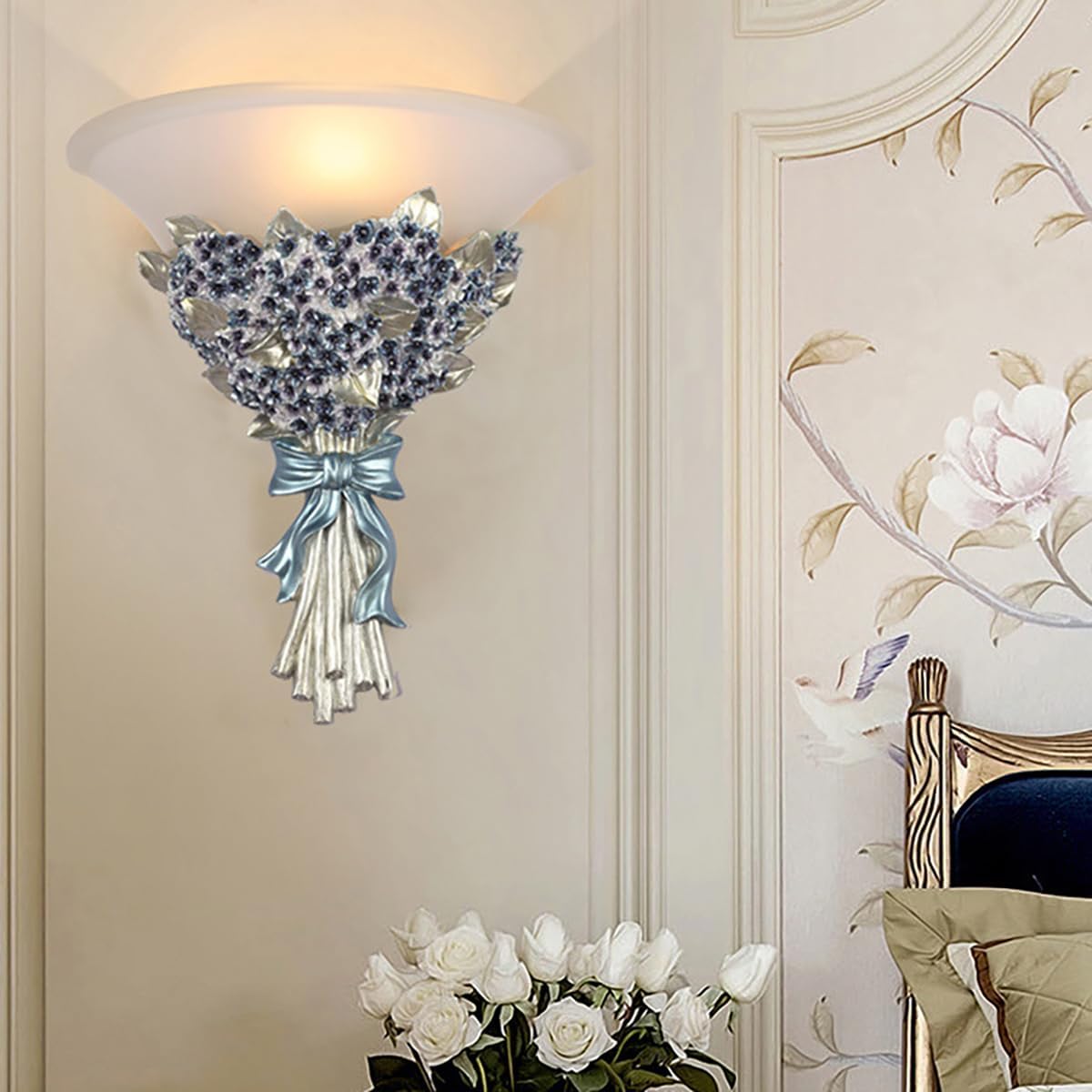 Unique Wall Sconce Flower Light Fixture Vintage Glass Wall Lights Blue Flowers Shape Modern Sconces Lamp Frosted White Glass Shade Gold Resin Sconce Fixtures for Hallway Living Room