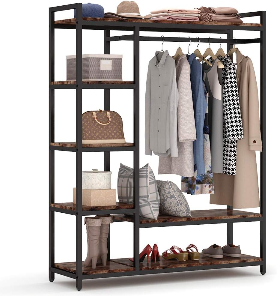 LITTLE TREE Free Standing Wood Closet Clothes Rack,Heavy Duty Grament Rack with Shelves,Hanging Racks for Clothes Clothing Rack for Bedrom,Wardrobe Closet Organizer,350 lb Capacity,Rustic