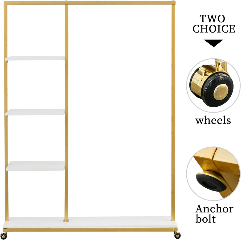 Gold Clothes Racks with 4-Tier Wood Shelves, Modern Freestanding Gold Clothing Racks for Hanging Clothes Display Racks,Rolling Clothing Racks for Boutique, Cloth Store