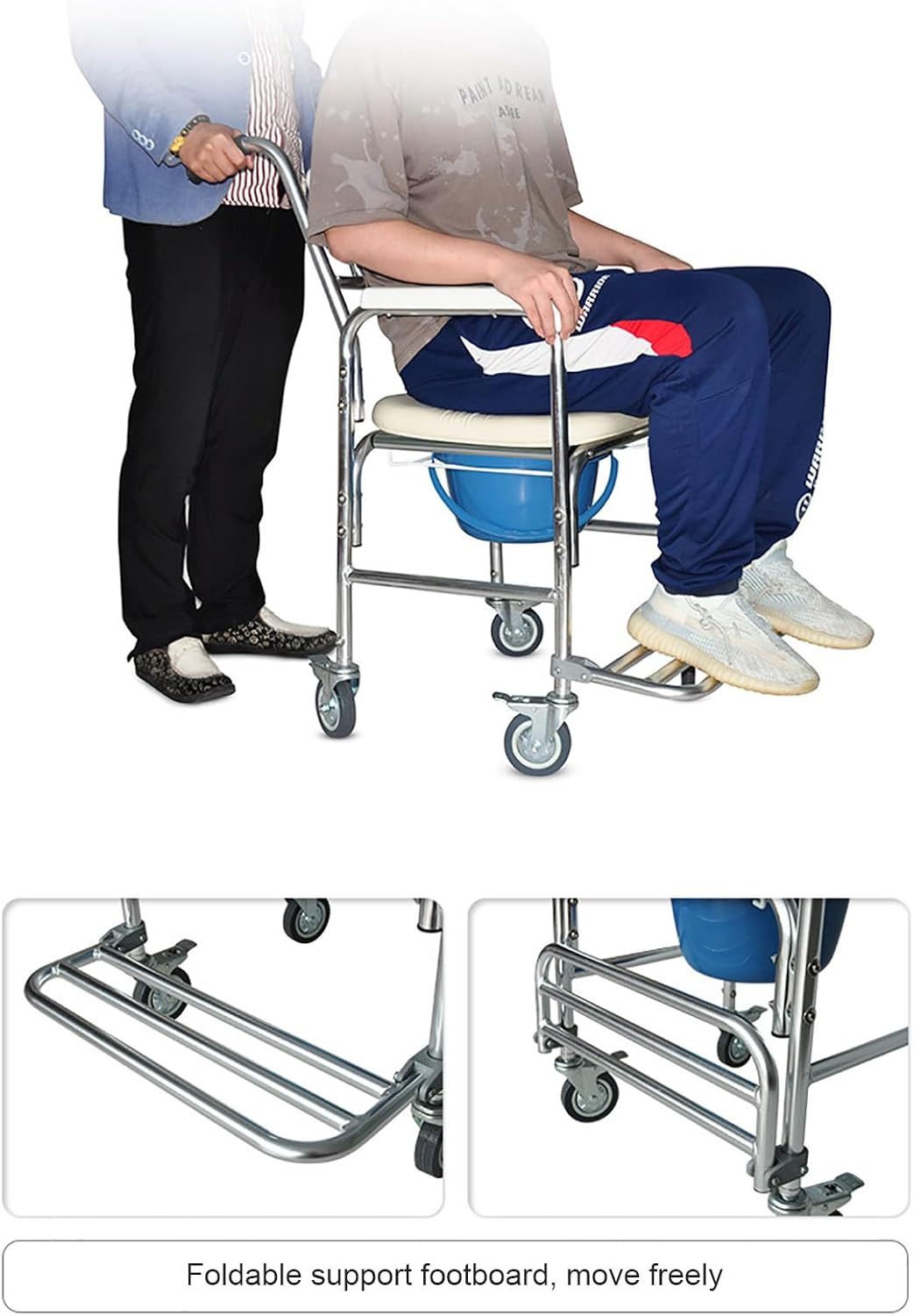 3-in-1 Shower Commode Wheelchair, Comfortable Padded Seat, Lightweight & Waterproof Rolling Over Toilet Chair, Ideal for Homecare, Weight Capacity 330 lbs, White