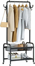 Clothes Rack On Wheels 31x14x61 in, Clothing Rack with Bottom Mesh Storage Shelf, Modern Simple Heavy Duty Metal Rolling Garment Rack with Wheel, Metal Coat Wardrobe Rack