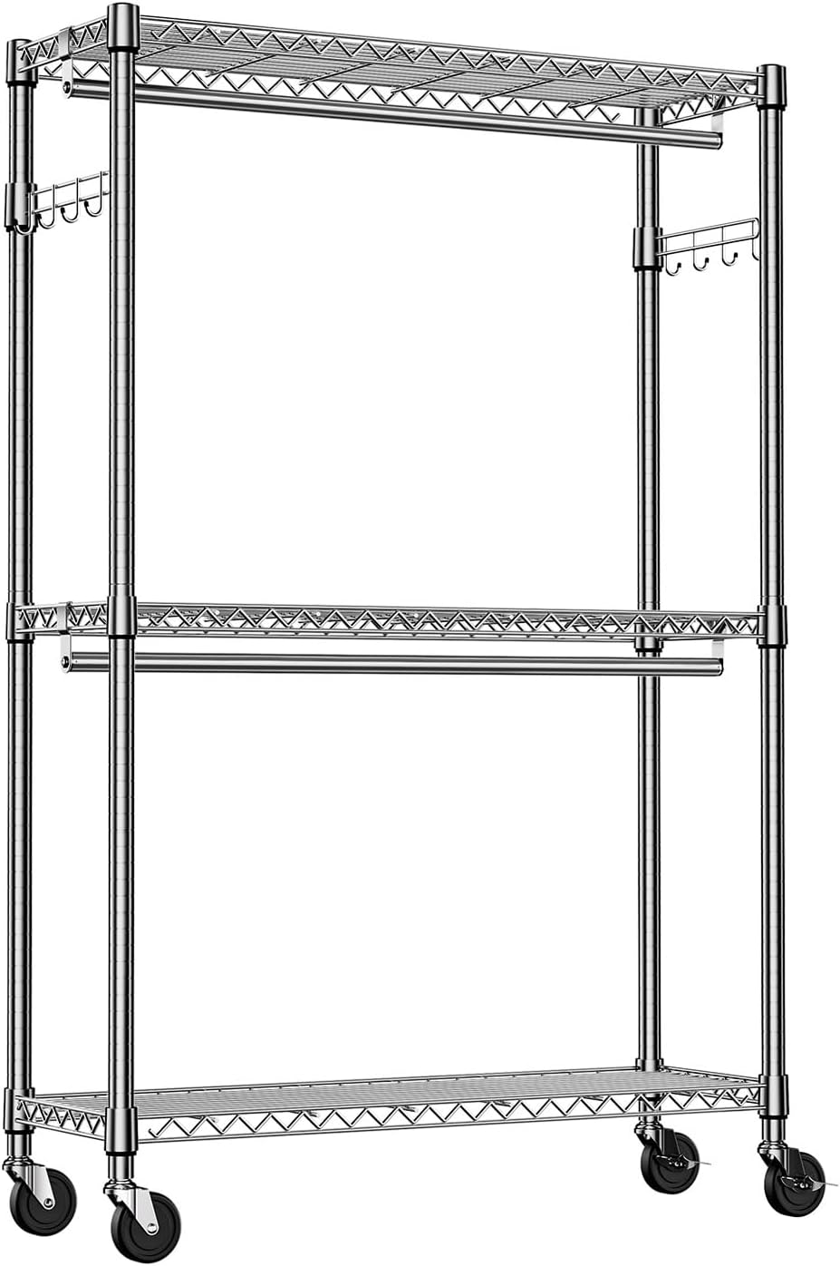 3-Tier High-Strength Rolling Garment Rack Adjustable Wire Shelving Clothing Closet Storage with 2 Hanging Rods Side Hooks Wheels Chrome 15.7' D x 45.3' W x 79.6' H