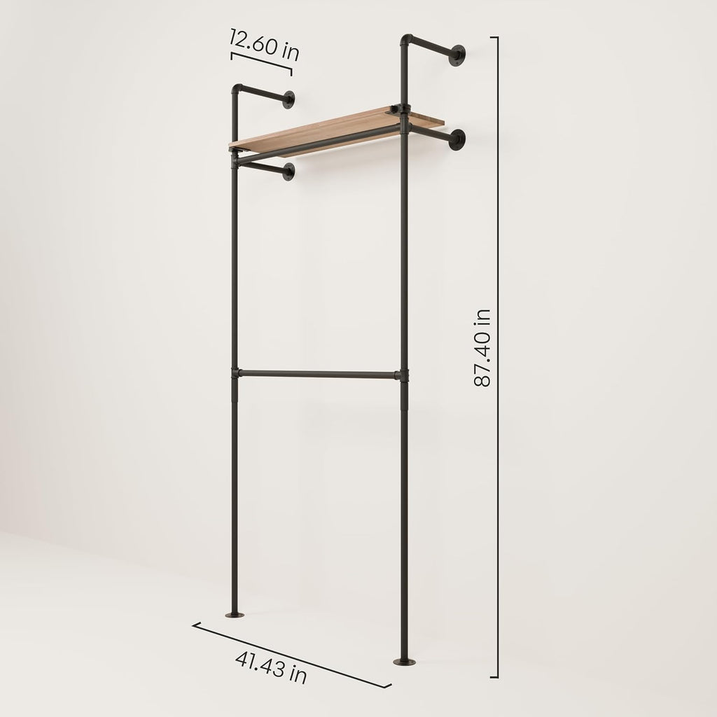 pamo Industrial Pipe Clothing Rack with Shelf – Wall Mounted Closet System, Black Powder-Coated Steel, Oak Boards – Walk-In Closet Organizer & Retail Clothing Rack