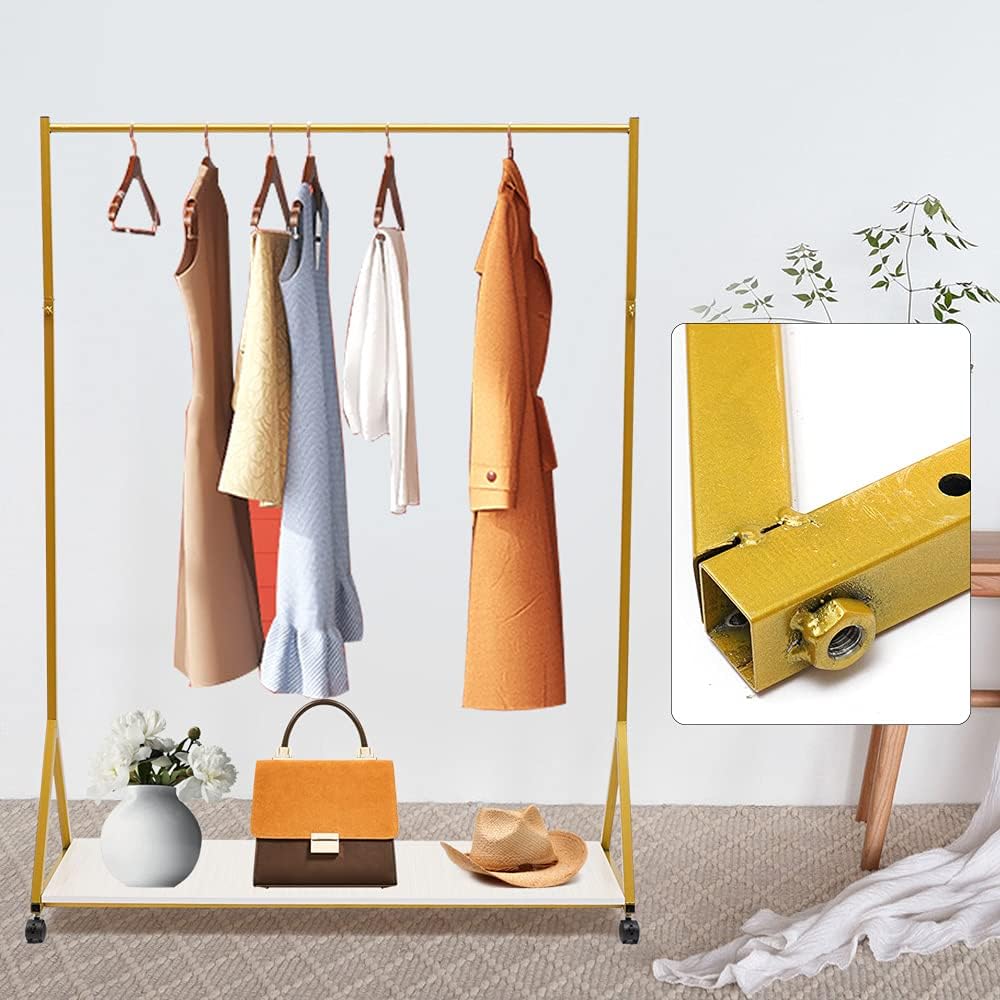 Modern Heavy Duty Metal Rolling Garment Rack with Wheel Industrial Pipe Clothes Rack with Wood Shelf Retail Display Clothing RackSingle Rod Floor-Standing Hangers, Gold