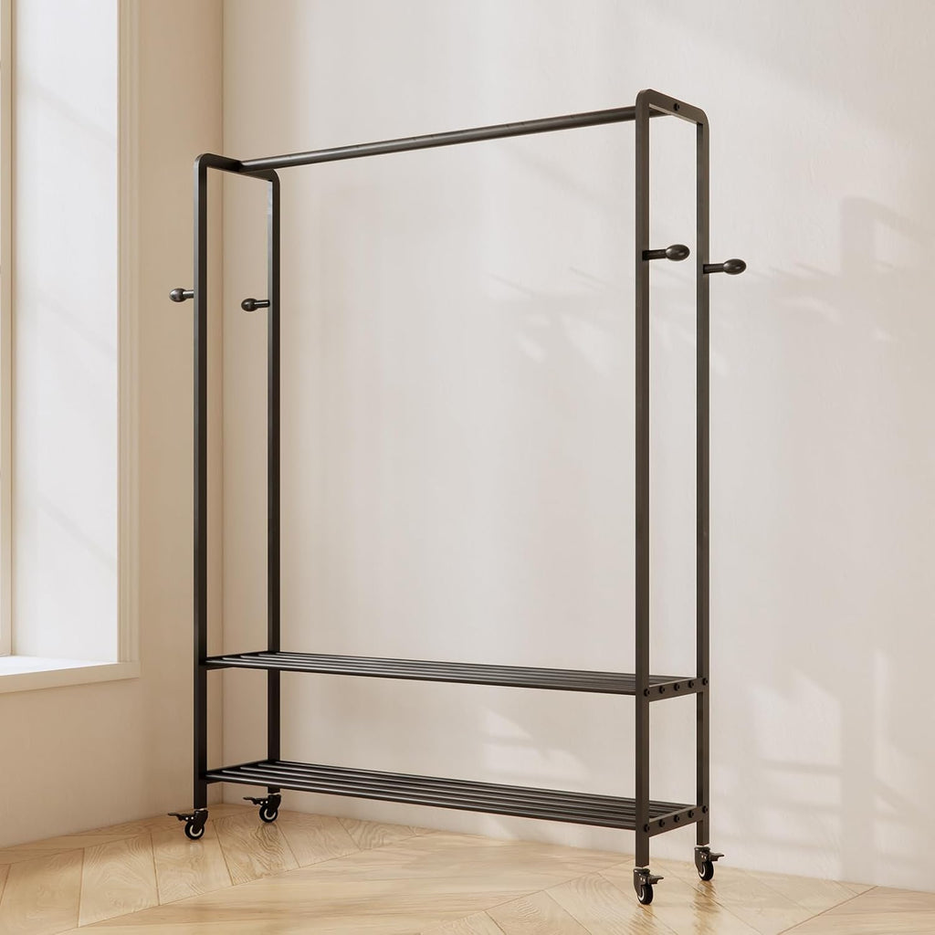 Black Rolling Garment Rack with Shelves and Hooks,Freestanding Metal Clothing Rack with Wheels,Large Clothes Hanging Rack for Bedroom,Closet, Entryway,Wardrobe,Boutique Display