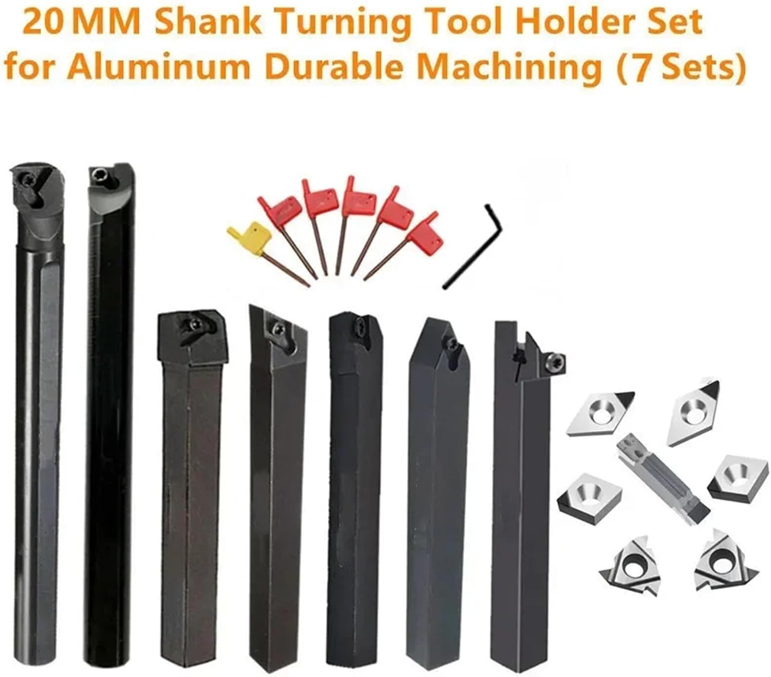 Turning Tool Set 7pcs/Set 20MM CNC Lathe Turning Tool set，Boring Bar and Inserts and Wrenches，for Turning Threading(20mm for PCD)