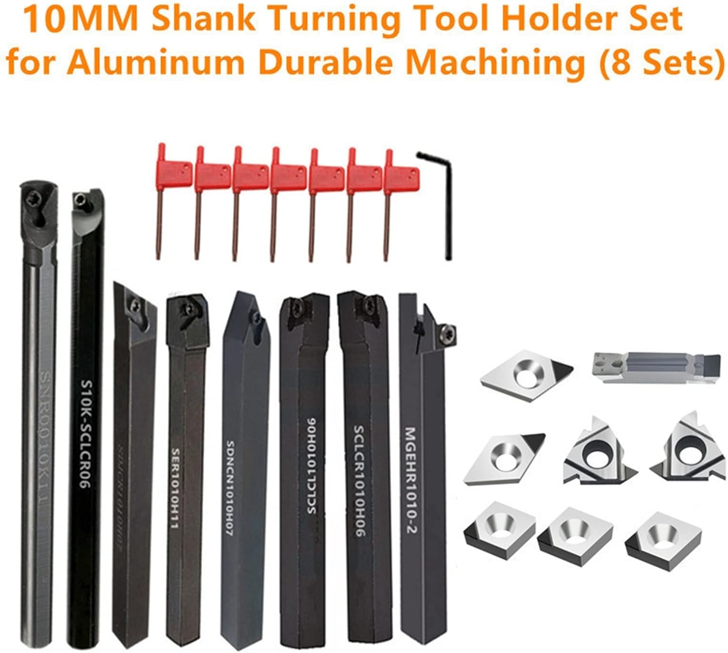 8Sets of 10MM CNC Lathe Turning Tool Holder Boring Bar with Applicable Inserts and Wrenches Set for Turning Threading(8Sets for AL Durable)