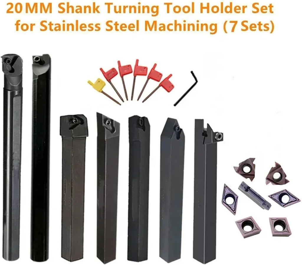 Turning Tool Set 7pcs/Set 20MM CNC Lathe Turning Tool set，Boring Bar and Inserts and Wrenches，for Turning Threading(20mm for Stainless)