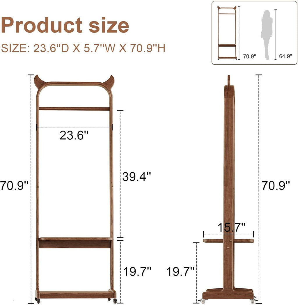 Solid Wood Clothing Racks with Shelves, Rolling Clothes Rack for Hanging Clothes Load 300 LBS, Portable Garment Rack with Wheels for Small Space (Walnut)