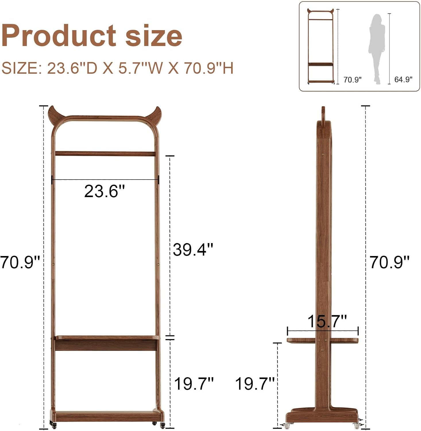 Solid Wood Clothing Racks with Shelves, Rolling Clothes Rack for Hanging Clothes Load 300 LBS, Portable Garment Rack with Wheels for Small Space (Walnut)