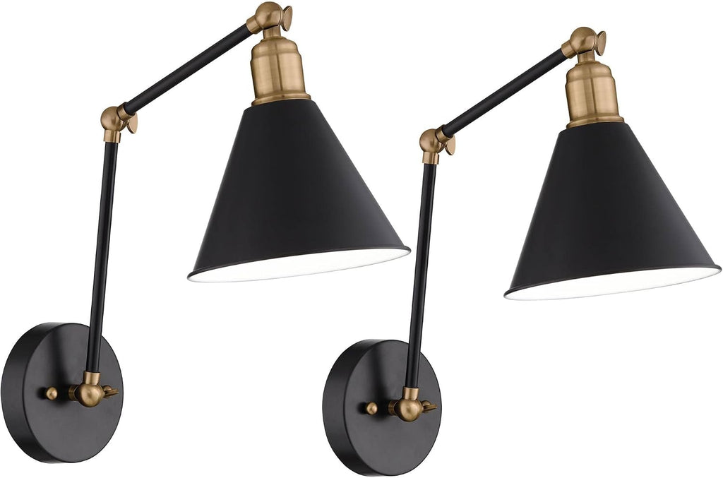 360 Lighting Wray Modern Wall Lamps Set of 2 Rich Black Brass Hardwired 7 1/4' Fixture Adjustable Arm Metal Cone Shade for Bedroom Bathroom Vanity House Reading Living Room Home Hallway