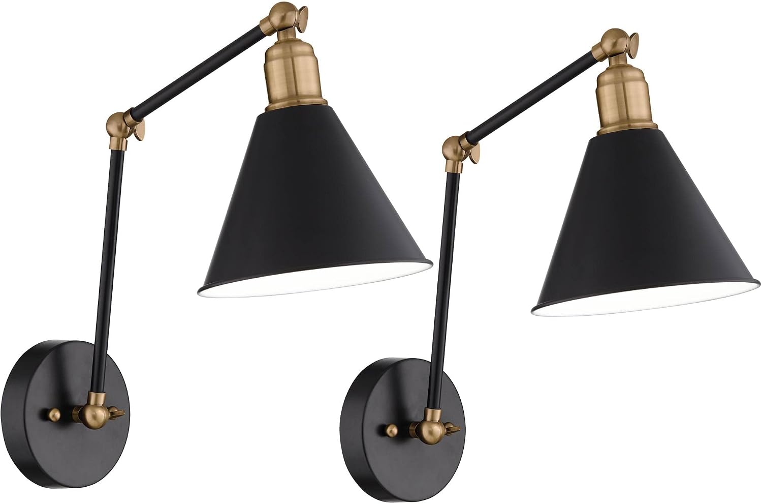 360 Lighting Wray Modern Wall Lamps Set of 2 Rich Black Brass Hardwired 7 1/4' Fixture Adjustable Arm Metal Cone Shade for Bedroom Bathroom Vanity House Reading Living Room Home Hallway
