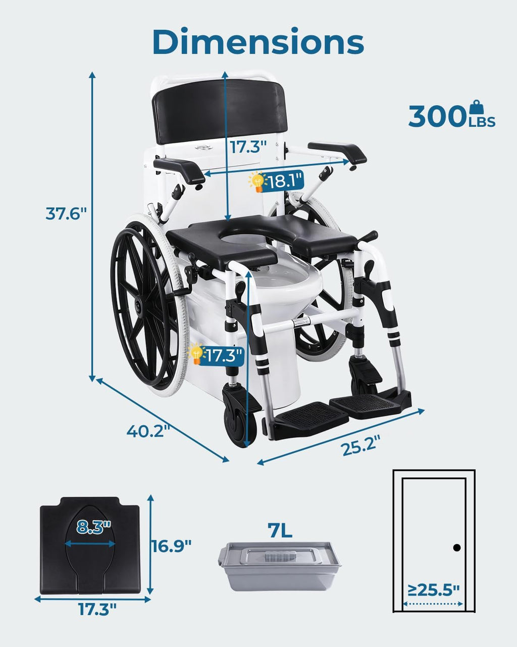 Self-Propelled Shower Wheelchair, Bedside Commode Chair with 22' Wheels, Bathroom Wheelchair for Inside Shower, Swivel Armrests, Waterproof Transport Wheelchair for Disabled&Elderly, 300LBS