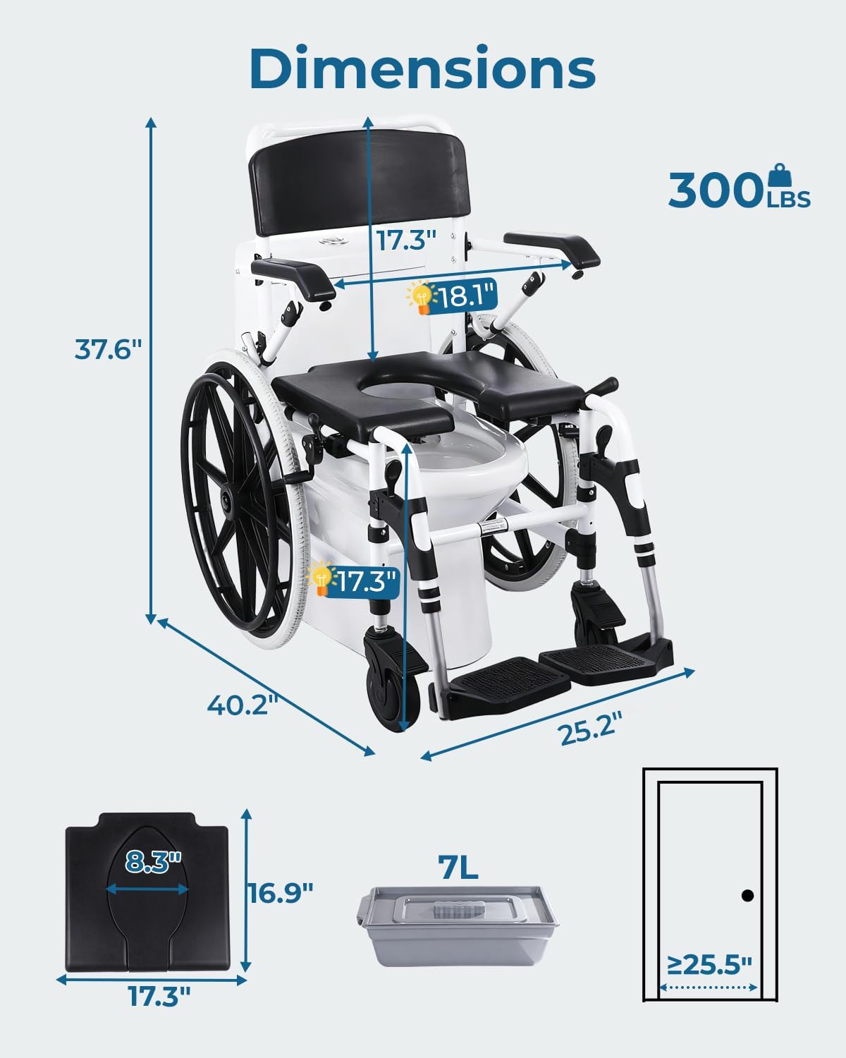 Self-Propelled Shower Wheelchair, Bedside Commode Chair with 22' Wheels, Bathroom Wheelchair for Inside Shower, Swivel Armrests, Waterproof Transport Wheelchair for Disabled&Elderly, 300LBS