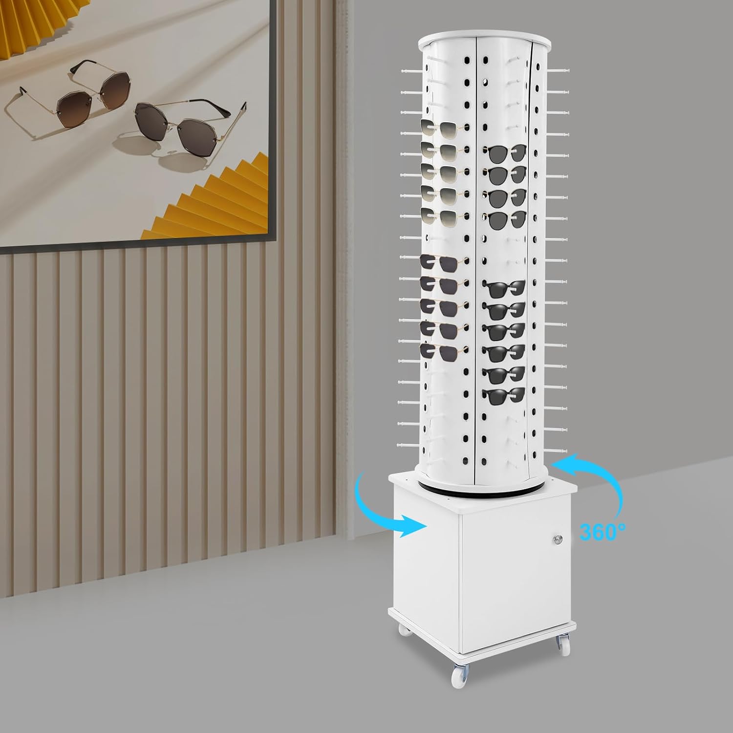 Glasses Display Stand, 114-Pair Eyewear Storage Rack for Sunglasses & Reading Glasses, 360°Swivel Commercial Eyeglass Organizer for Optical Shop, Jewelry Store, Retail Display (White)