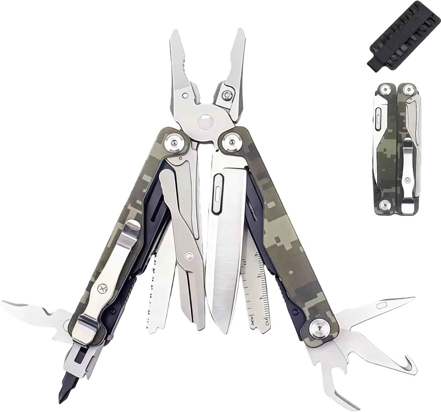 Multitool, 20-in-1 Full-Size, Multi-Purpose Pliers, Lightweight EDC, Tactical Gear, With Safety Locking, Camping Knives & Tools, Gifts for Guys, Gifts for Hunters Men who have Everything (Green Camo)