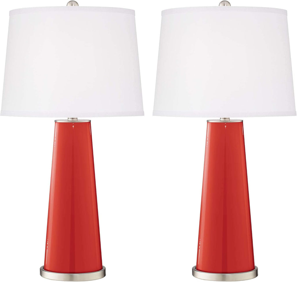 Color + Plus Leo 29 1/2' Tall Cylinder Modern End Table Lamps Set of 2 Cherry Tomato Red Brushed Nickel Finish Glass White Shade Living Room Bedroom Bedside Nightstand House Office Home Reading
