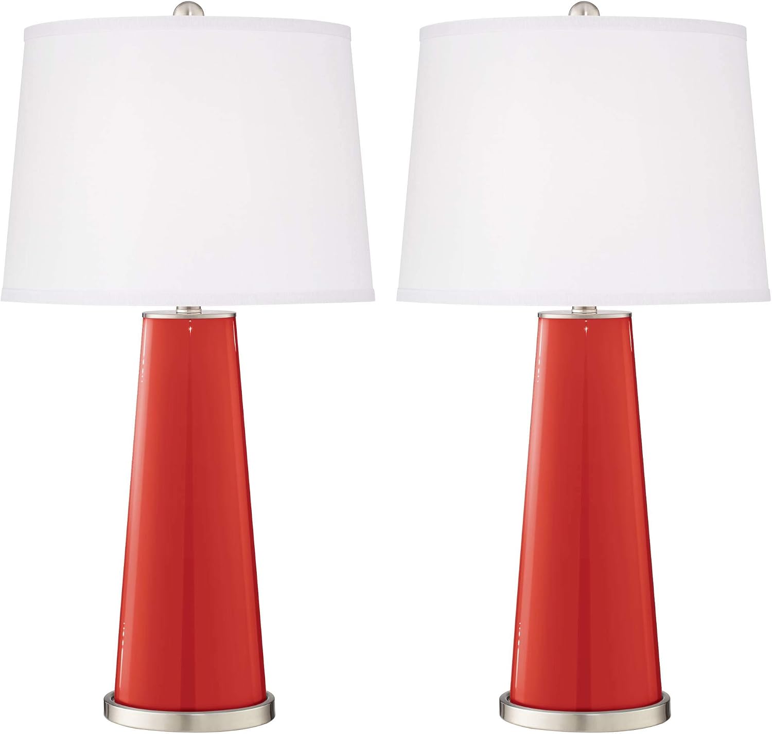 Color + Plus Leo 29 1/2' Tall Cylinder Modern End Table Lamps Set of 2 Cherry Tomato Red Brushed Nickel Finish Glass White Shade Living Room Bedroom Bedside Nightstand House Office Home Reading