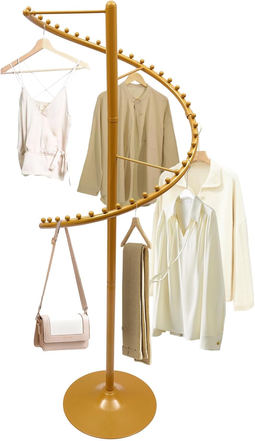 Spiral Rotating Clothing Rack, 360° Spiral Retail Costumer Heavy Duty Garment Rack with 38 Ball for Retail Stores, Bedroom, Living Rooms (Gold)