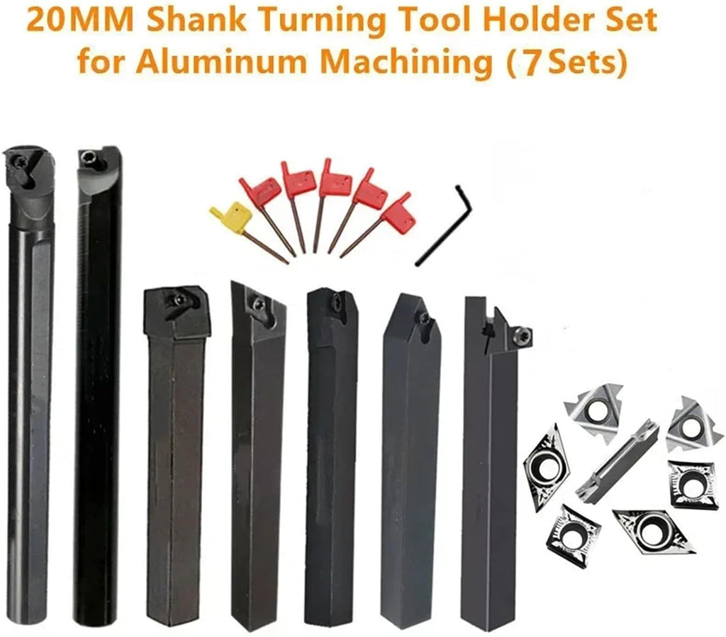 Turning Tool Set 7pcs/Set 20MM CNC Lathe Turning Tool set，Boring Bar and Inserts and Wrenches，for Turning Threading(20mm for Aluminum)