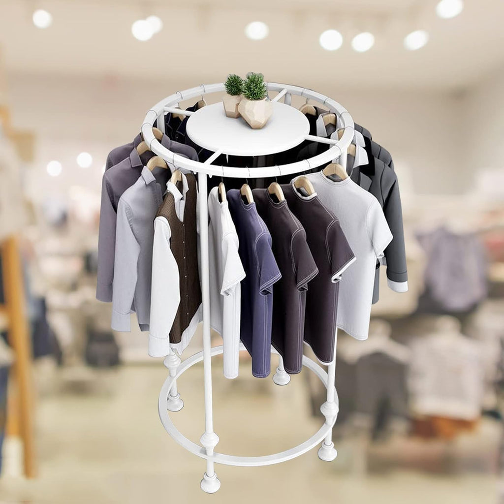Round Garment Rack, Floor Standing Iron clothes Hanging Rack with Topper, Suitable for Large Shopping Malls Retail, Clothes Boutique Display Laundry Rooms Multi-Purpose Hanging (WHITE)