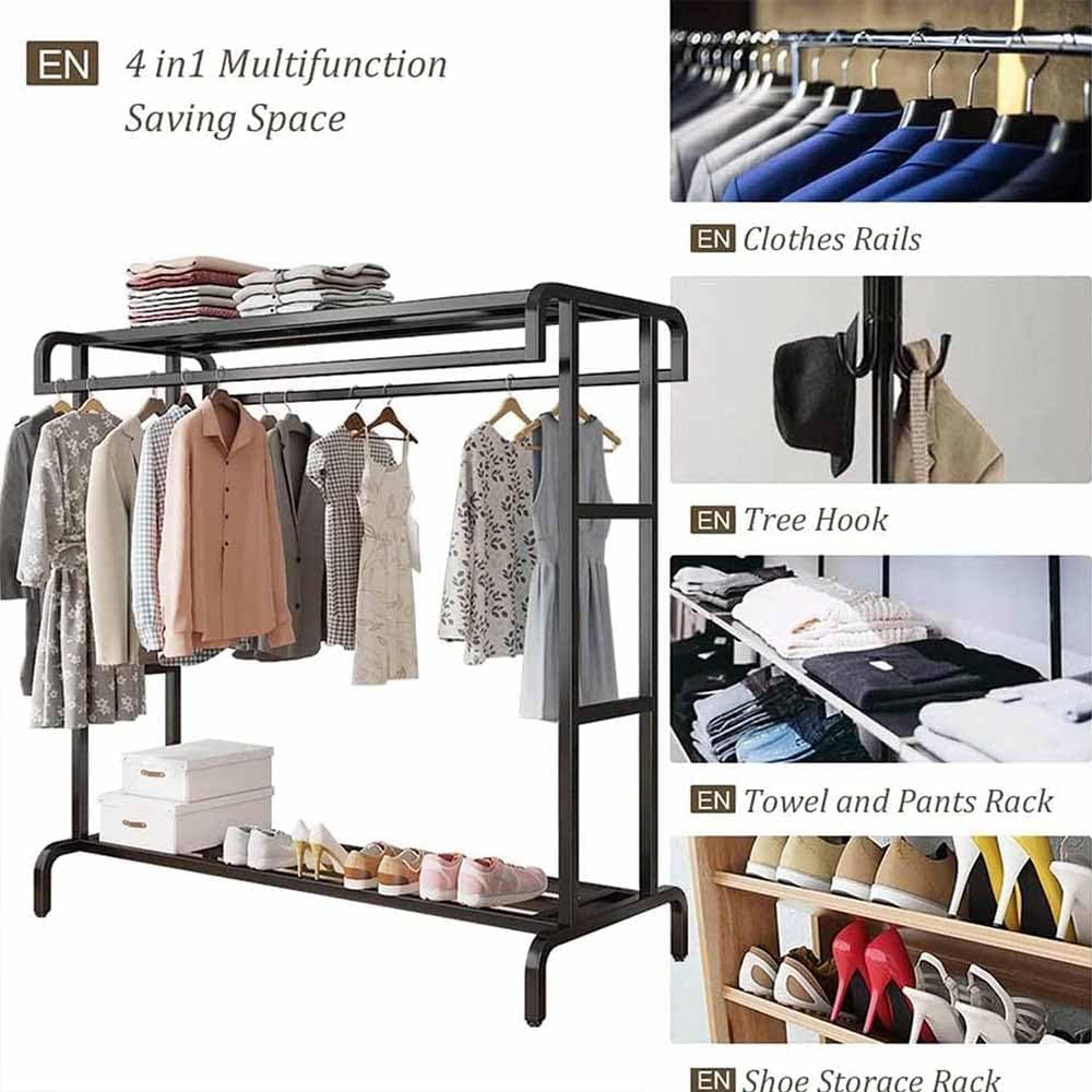 Heavy Duty Metal Clothes Rack, Double Rods Rolling Hanging Clothing Rack, Industrial Pipe Clothes Organizer on Wheels for Home and Retail,Black,150 * 50 * 150cm
