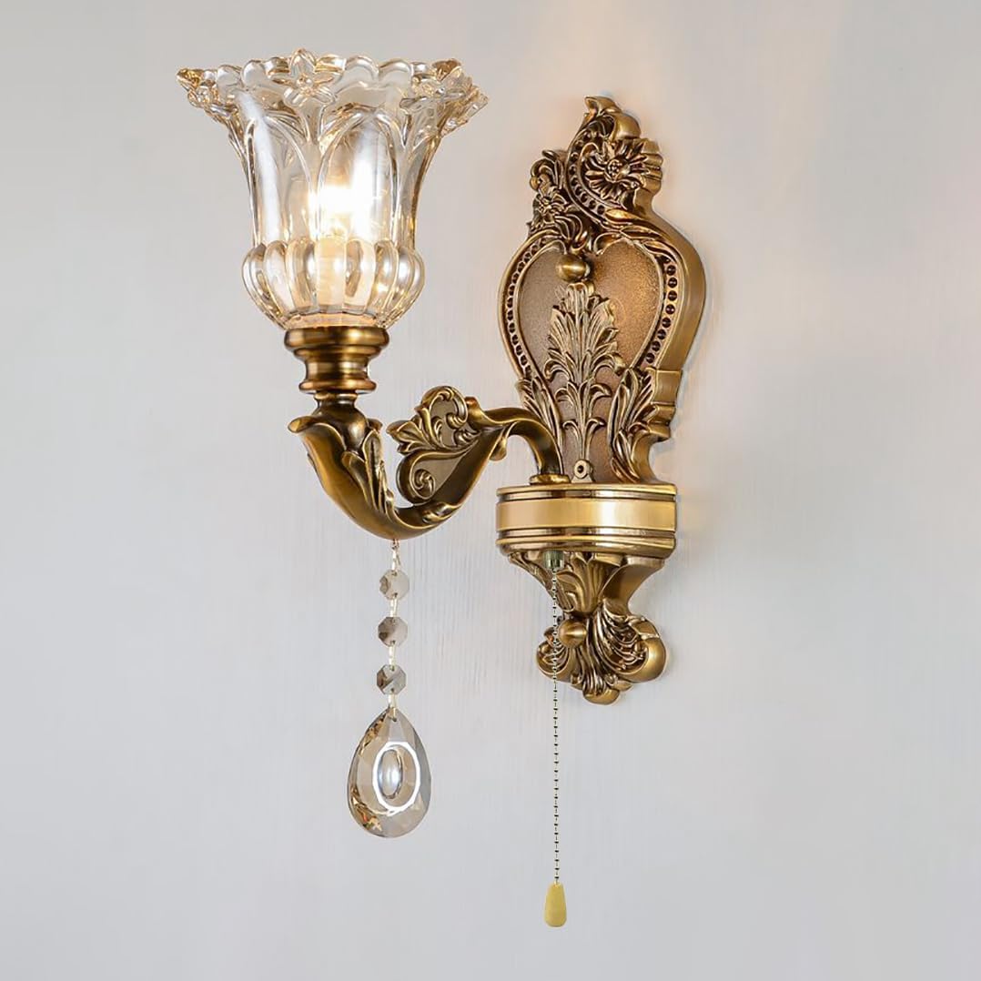 Vintage Wall Sconce Set of 2, Antique Brass Wall Light with Pull Chain On/Off Switch, Elegant Wall Mounted Lamp with Crystal Bedside Wall Lamp for Entrance, Bedroom, Hallway