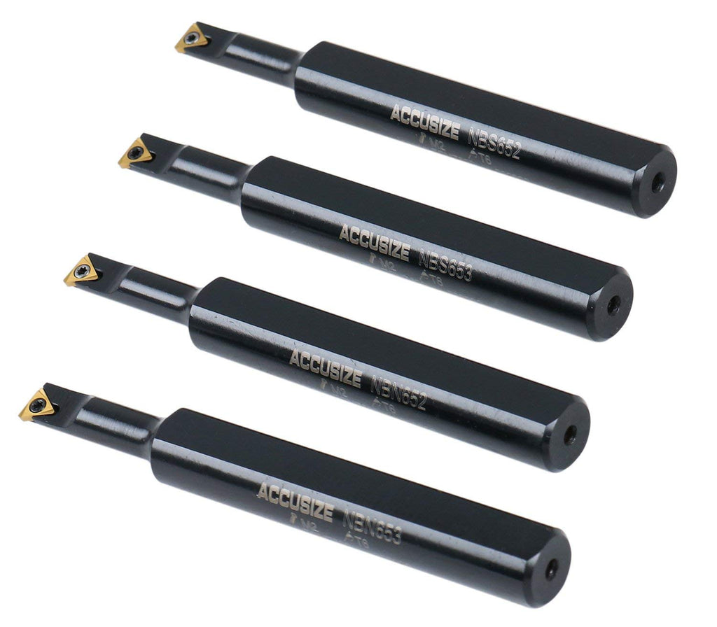 Accusize Industrial Tools Round Shank Indexable Boring Bar, 1/2 in | 4-Piece Mini Set, 95 Degree and 91 Degree Entry Angle, TiN Coated TCMT520 Inserts, EJ99-2178