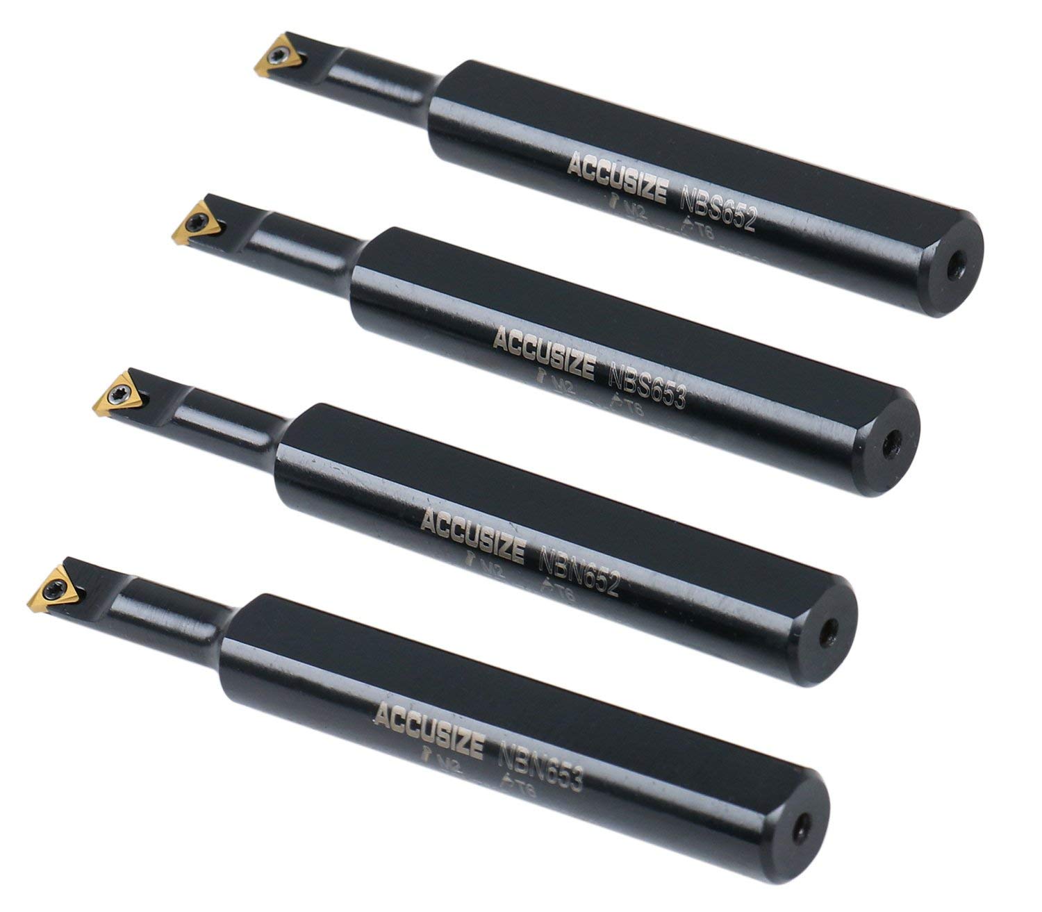 Accusize Industrial Tools Round Shank Indexable Boring Bar, 1/2 in | 4-Piece Mini Set, 95 Degree and 91 Degree Entry Angle, TiN Coated TCMT520 Inserts, EJ99-2178