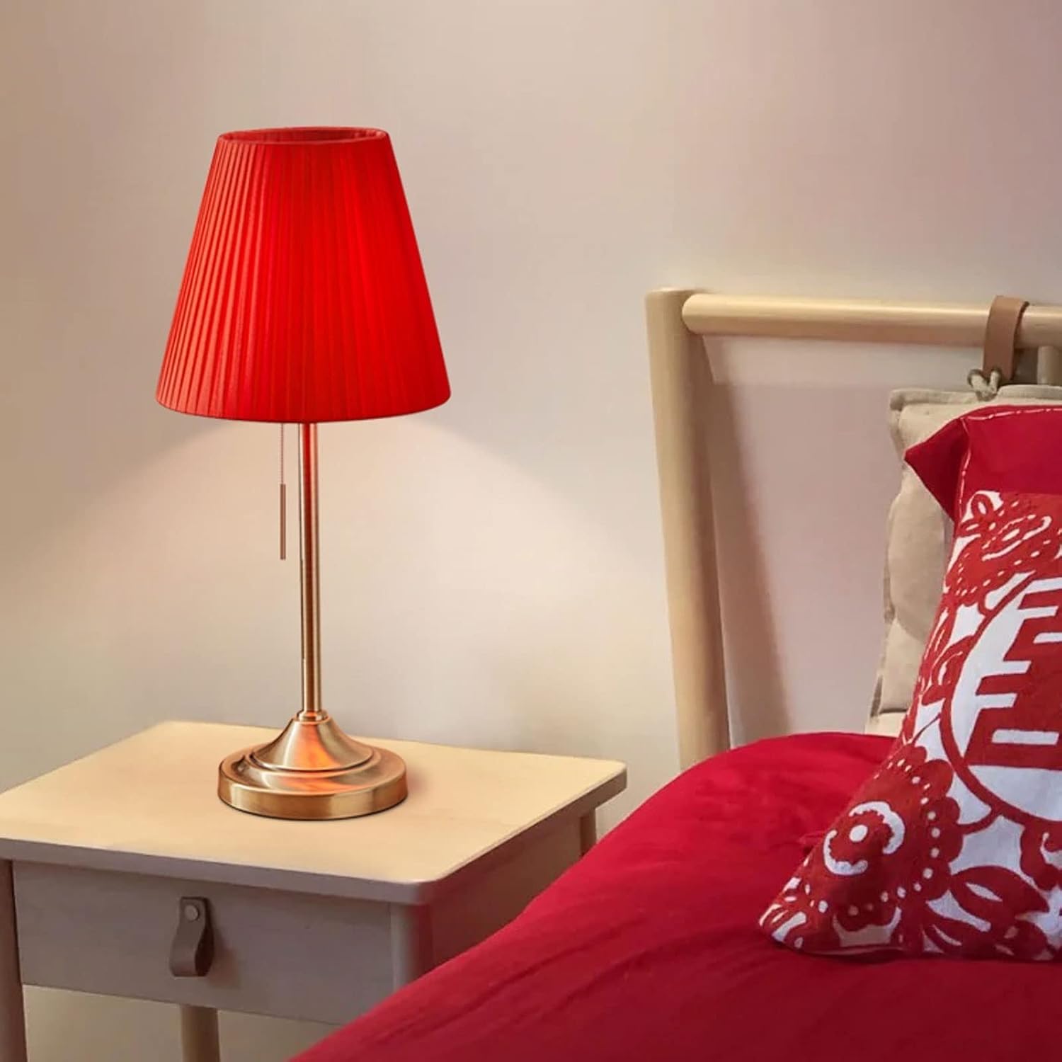 Desk Lamp Table Lamp Set of 2 for Bedroom Living Room Office Bedside Antique Brass Finish Basic Table Lamp with Fabric Shade, Red Eye-Caring Desk Light