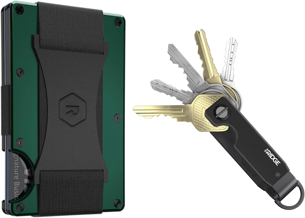 The Ridge Secure Essentials Bundle: Minimalist RFID-Blocking Slim Wallet with Cash Strap Forest Green & Compact Key Organizer Set Aluminum Black