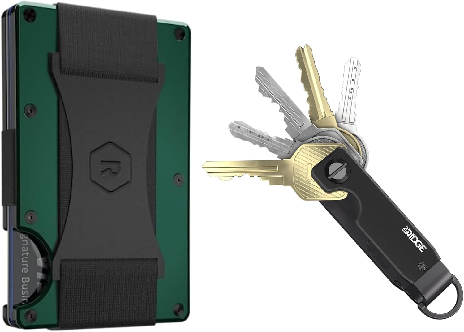 The Ridge Secure Essentials Bundle: Minimalist RFID-Blocking Slim Wallet with Cash Strap Forest Green & Compact Key Organizer Set Aluminum Black