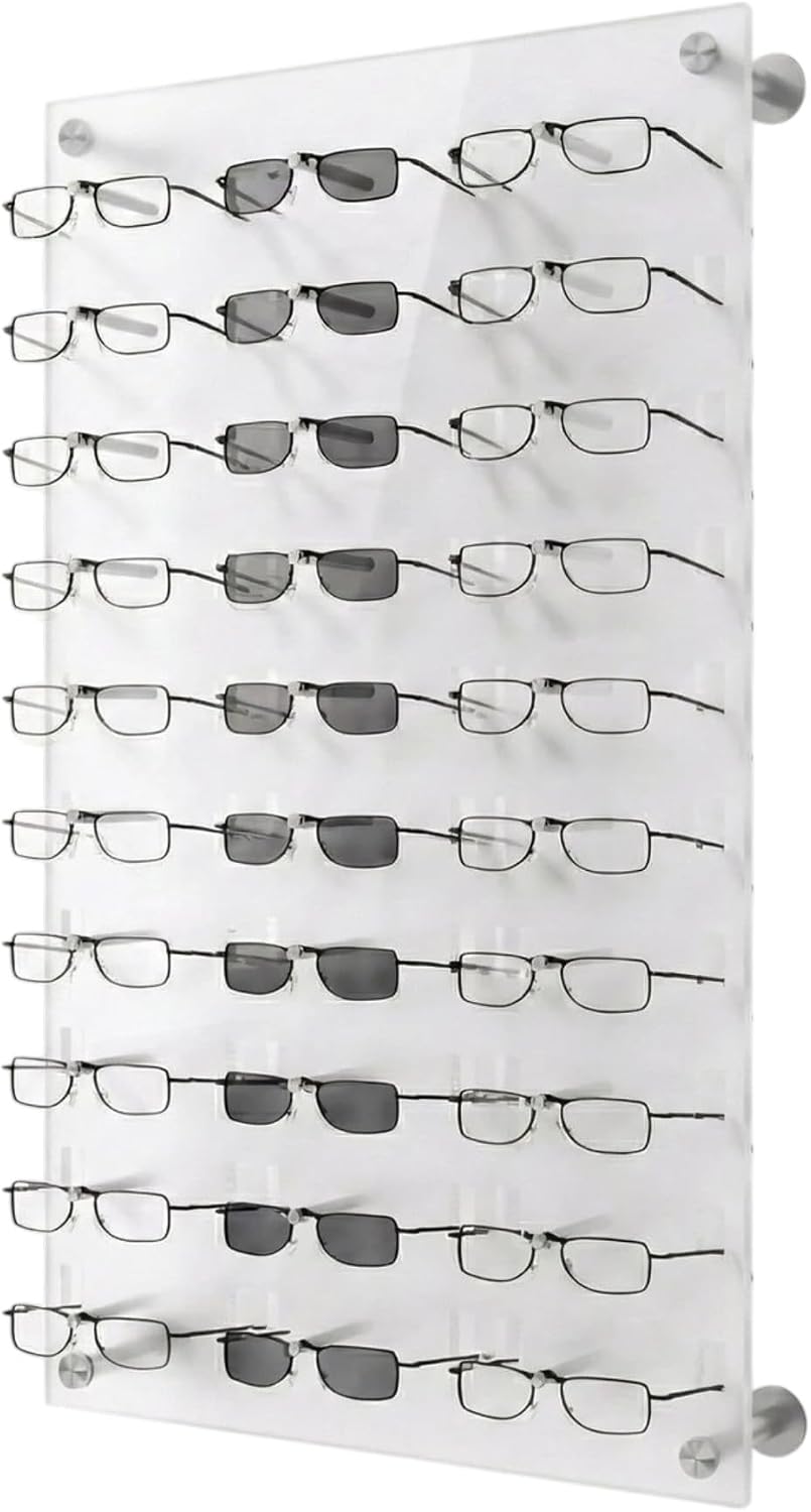 Optical Display for 30 Eyewear Frames - Wall Mount Acrylic Eyewear or Sunglass Display Package in Frosted White – 31.75' (H) X 18.5' (W)
