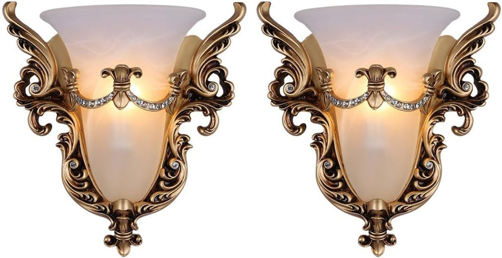 Wall Sconce Light Fixture Gold Wall Sconces Set of Two Unique Angel Wings Style White Glass Wall Light Vintage Antique Wall Lights Resin Wall Lamp for Living Room Hallway Bedroom