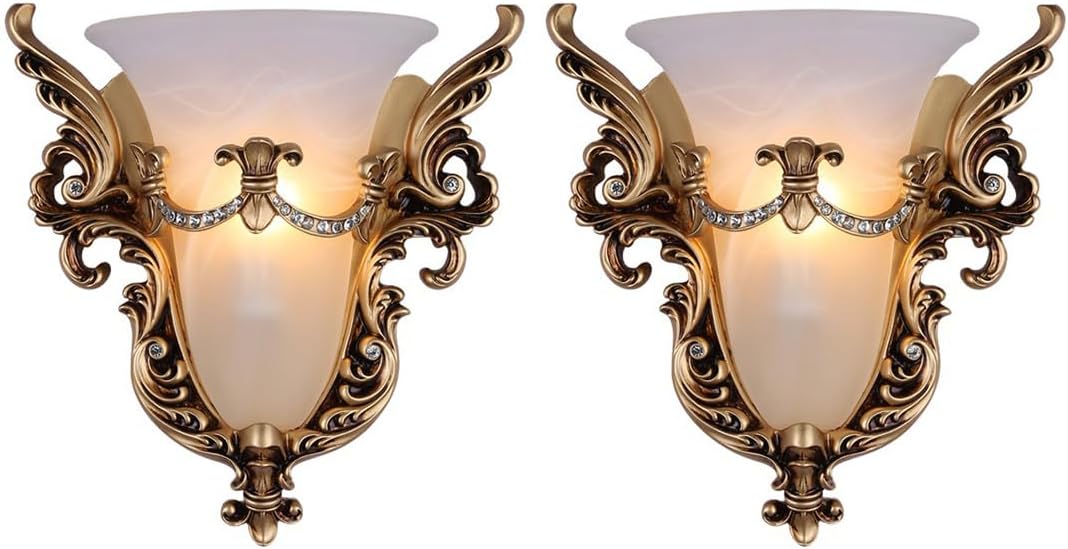 Wall Sconce Light Fixture Gold Wall Sconces Set of Two Unique Angel Wings Style White Glass Wall Light Vintage Antique Wall Lights Resin Wall Lamp for Living Room Hallway Bedroom