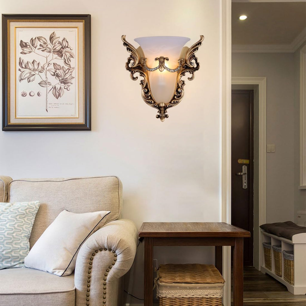 Wall Sconce Light Fixture Gold Wall Sconces Set of Two Unique Angel Wings Style White Glass Wall Light Vintage Antique Wall Lights Resin Wall Lamp for Living Room Hallway Bedroom
