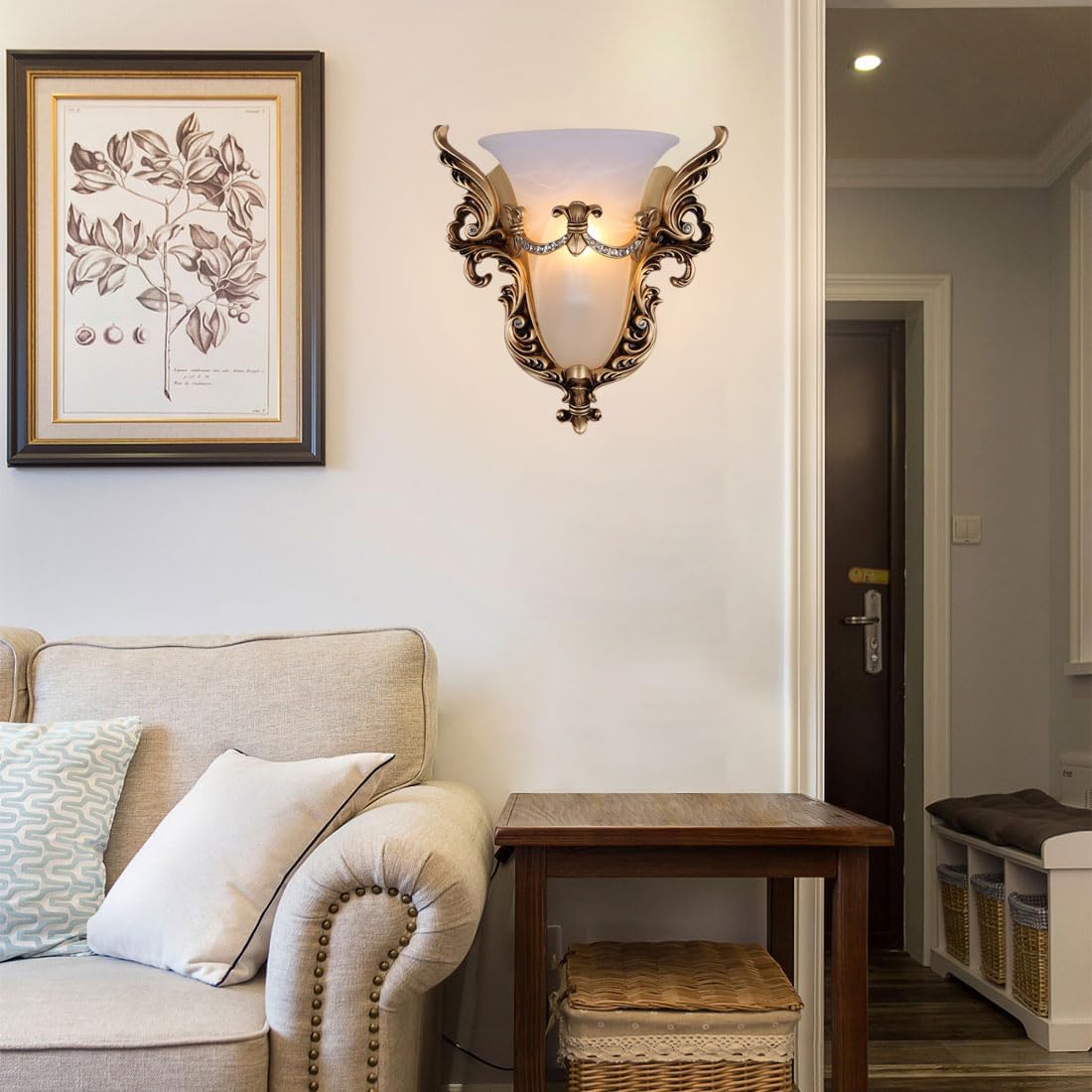 Wall Sconce Light Fixture Gold Wall Sconces Set of Two Unique Angel Wings Style White Glass Wall Light Vintage Antique Wall Lights Resin Wall Lamp for Living Room Hallway Bedroom