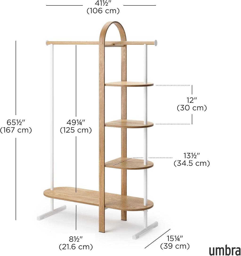 Umbra Bellwood Garment Rack Clothes Stand for Clothing, Coats, Dresses, with Shelf for Shoes and Accessories, White/Natural