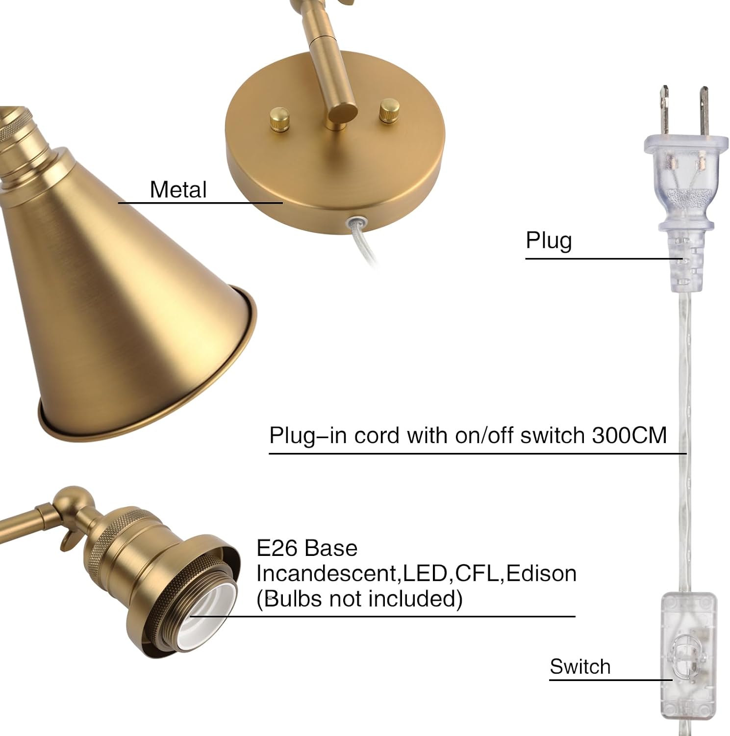 PERMO Wall Sconce Set of 2 Plug in Metal Wall Sconces Swing Arm Wall Light with Flared Metal Shade for Bedside Bedroom (Antique Gold)