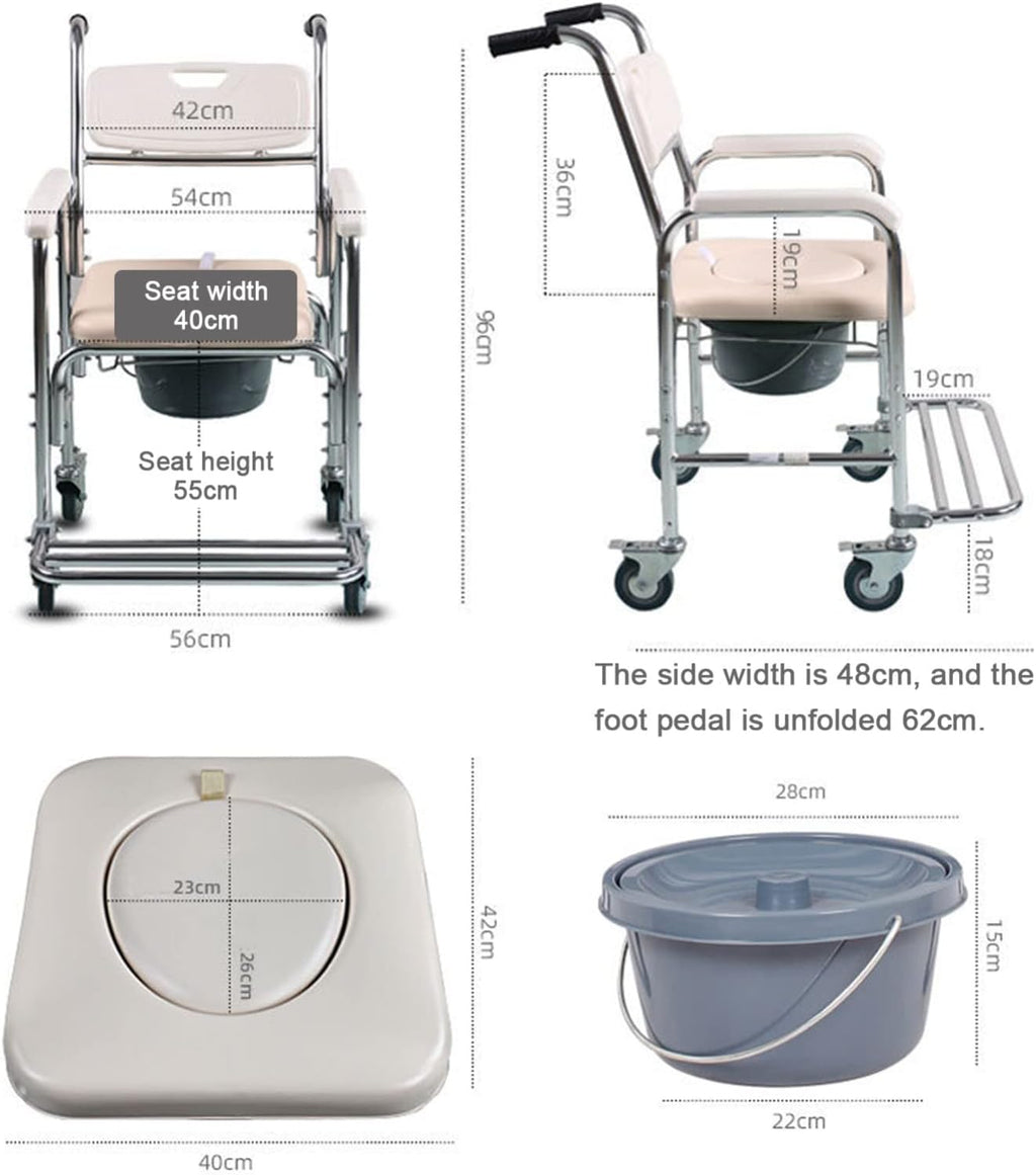 Wheeled Commode Chair for Elderly & Disabled Foldable Shower Toilet Chair with Padded Seat Lockable Casters & Detachable Pot for Convenient Transport & Use